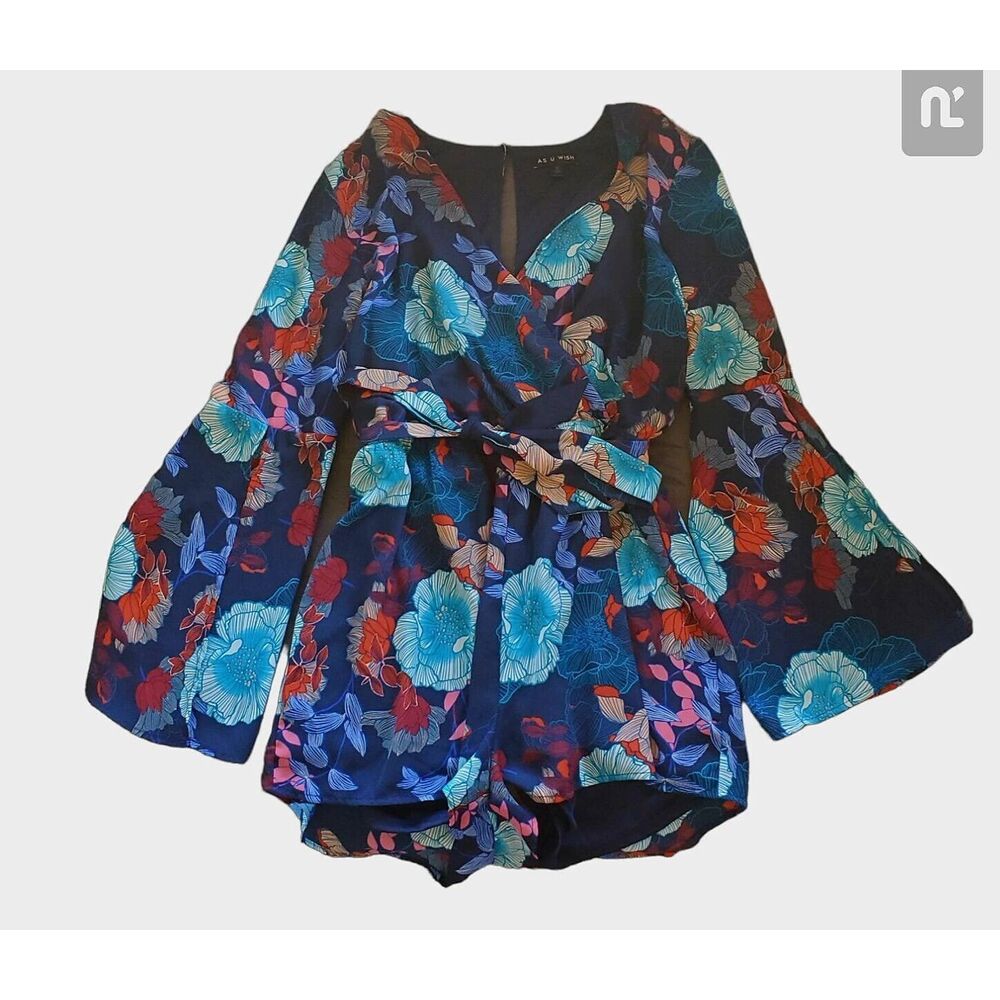 As You Wish Blue Floral Romper Long Open Sleeve Button Back